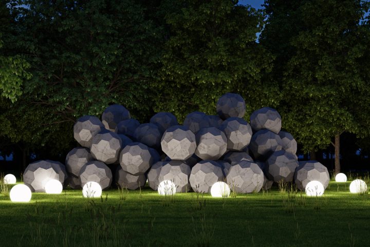 Night exterior garden with illuminated spheres concrete blocks