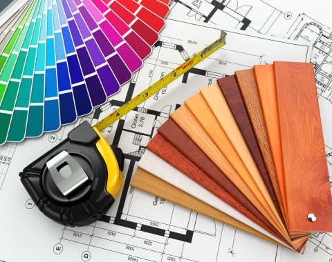 interior design. Architectural materials, measuring tools and blueprints. 3d